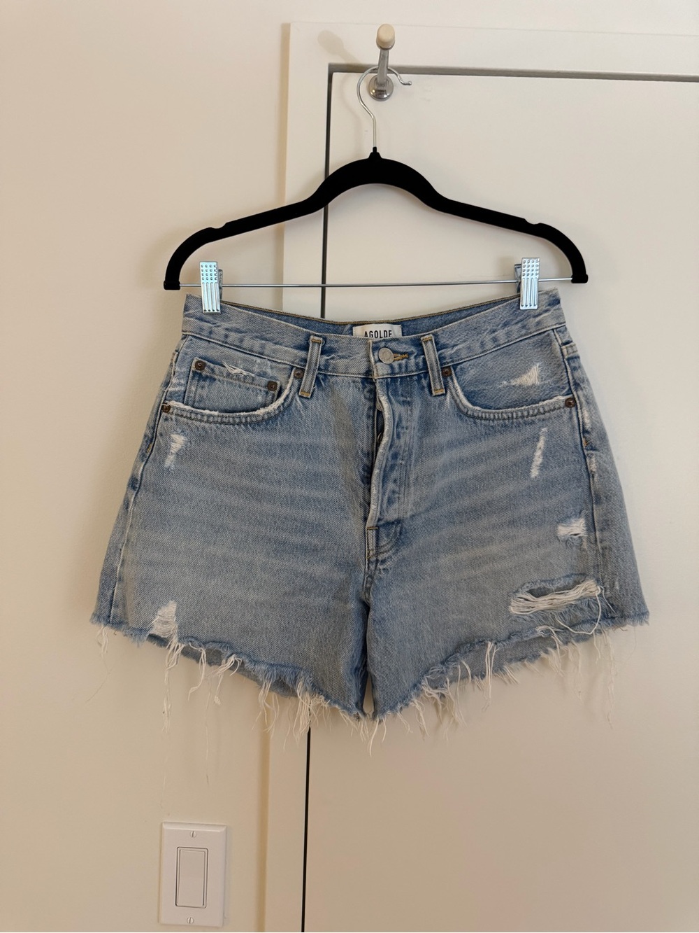 Agolde Light Wash Frayed Hem Denim Shorts